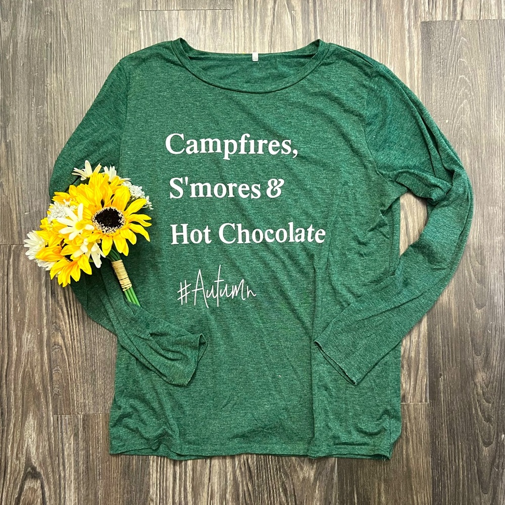 Autumn theme long sleeve green T-shirt, size large